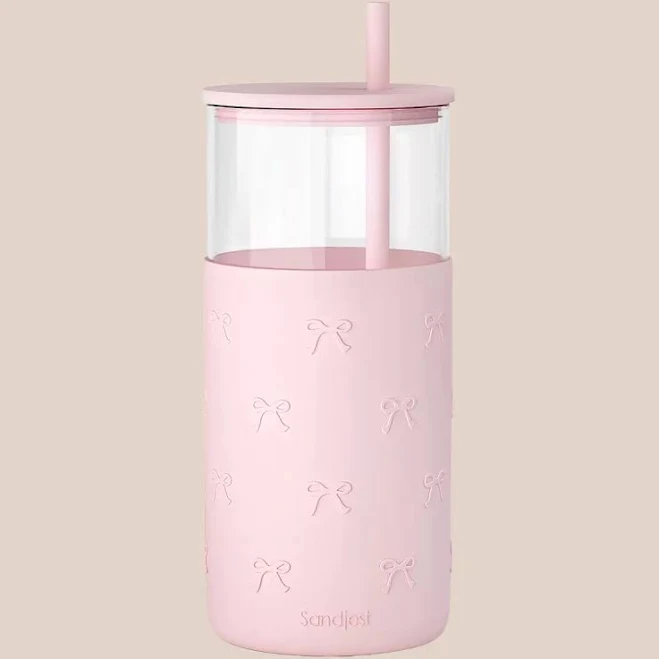 SANDJEST 20oz Glass Tumbler with Silicone Sleeve & Straw, Ideal for Hot & Cold Drinks Smoothie Iced Coffee, Aesthetic Cup for Spring Mother's Day Gift