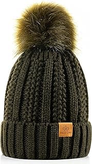 Womens Winter Thick Cable Knit Beanie Faux Fur Pom Hat Fleece Lined Skull Cap