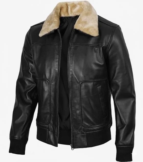 Men's Leather Bomber Jacket with Fur Collar