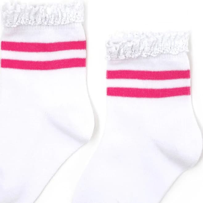Little Stocking Co. White/Hot Pink Striped Lace Midi Sock