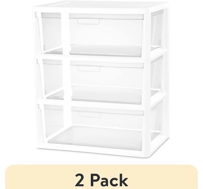 (2 pack) Sterilite Wide 3 Drawer Tower, Plastic Storage Organizer with Removable Clear Bins, Easy to Assemble - No Tools Needed, White, Size: 15 5/8