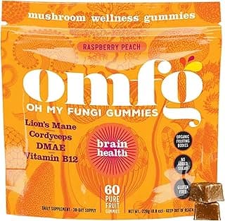 Mushroom Supplement for Brain Health Support – Lions Mane, Cordyceps, B12, DMAE – Vegan Gummy for Focus, Energy & Clarity – Raspberry Peach Flavor (60 Count)