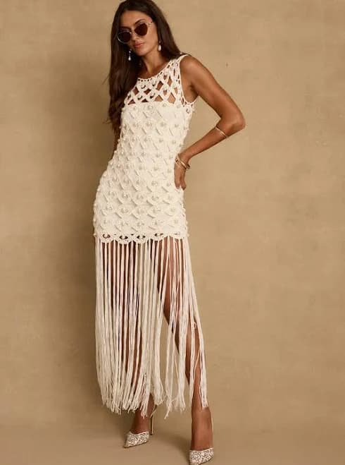 12th Tribe Women's Ocean Breeze Crochet Fringe Maxi Dress