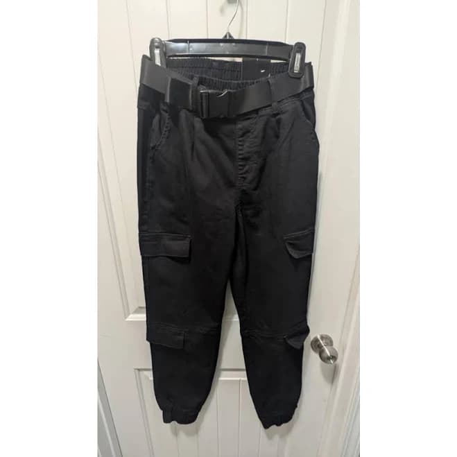 Womens Vip Black Cargo Pants Four Pockets Elastic Waist Band Belted