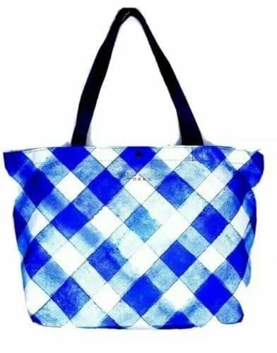 Bath & Body Works Tote Gingham Reusable Blue White Snap Closure Double