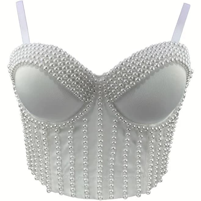 Women's Pearls Bead Bustier Crop Top Wedding Club Party Sexy Corset Top Bra White