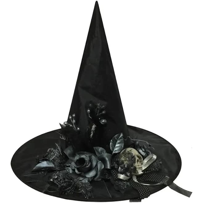 Witch Hat with Bone Skull and Flowers
