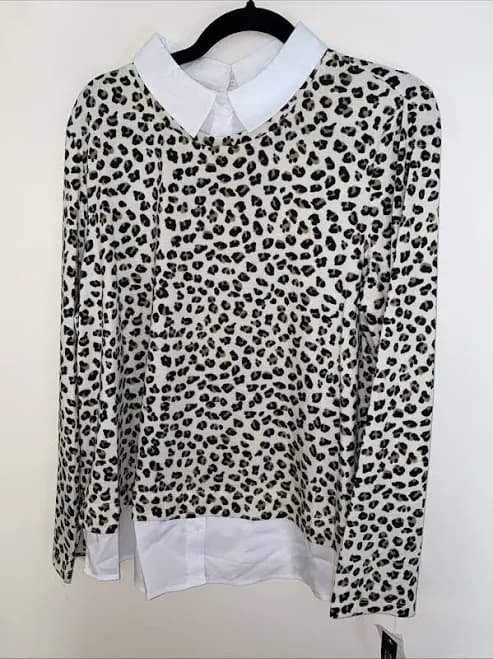 Zac & Rachel Leopard Long Sleeve W White Collar & Hem Size Xl