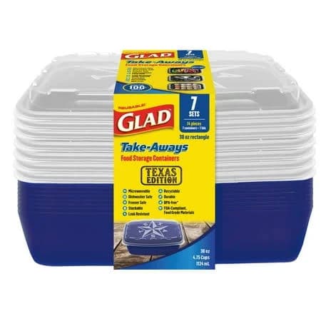 Glad Take-Aways Rectangle Food Storage Containers - Blue Texas Edition, 7 pk - 38 oz- Pack of 2