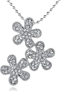 Silver Tone Clear Crystal Rhinestone Three Daisy Flower Pendant Necklace
