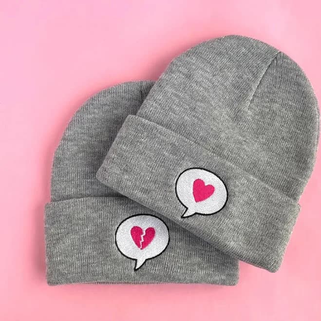 Heart Speech Bubble Embroidered Cuffed Knit Beanie