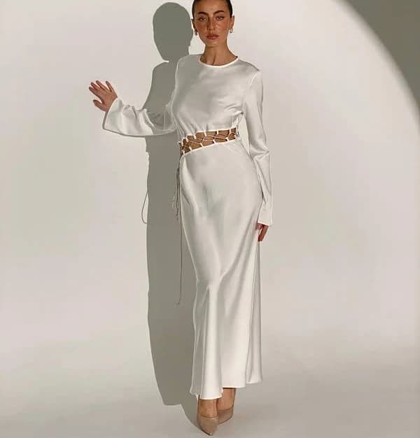 Elegant Long Sleeve Satin Maxi Dress with Cutout Waist