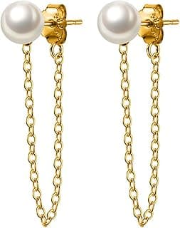 Solid 925 Sterling Silver Pearl Chain Dangle Earrings Tassel for Women Teen Girls Pearl Chain Drop Earrings Studs