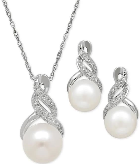 Macy's Cultured Freshwater Pearl and Diamond Pendant Necklace and Earrings Set in Sterling Silver
