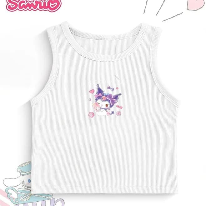 Girls Official Cartoon Tank Top, Slim-Fit Casual Comfortable Stretch Knit Vest with Kuroomi Holding My Melody Print, Versatile for Daily Wear, School