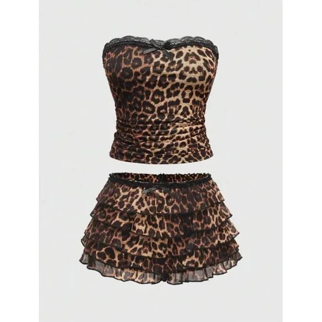 Y2k Leopard Print Cropped Shorts & Top Set