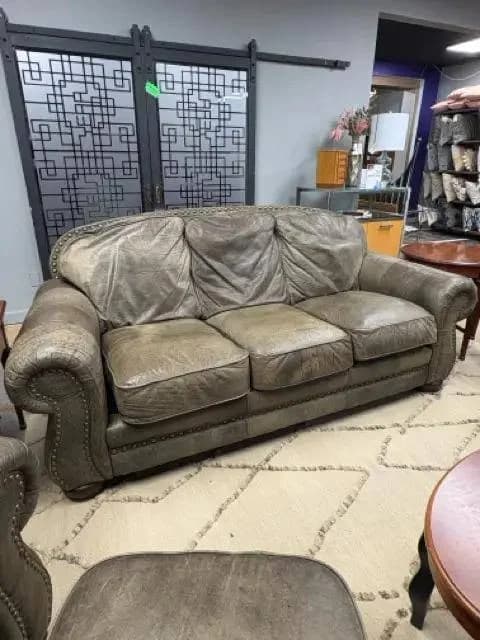 Lane Brown Leather Sofa With Brass Nailheads
