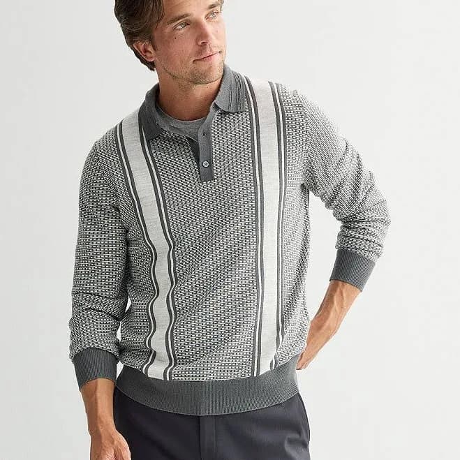 Men's Long Sleeve Stripe Sweater Polo