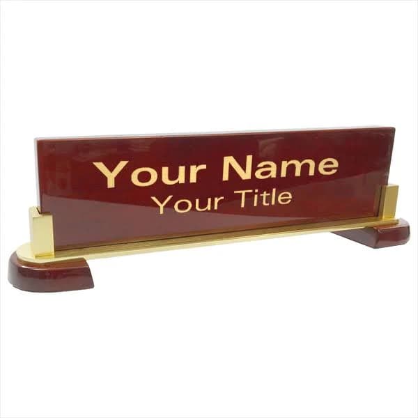 High-Gloss Rosewood Desk Plate with Wood Base and Gold Trim