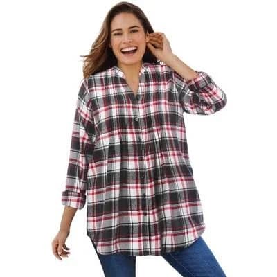 Woman Within Plus Size Pintucked Flannel Shirt