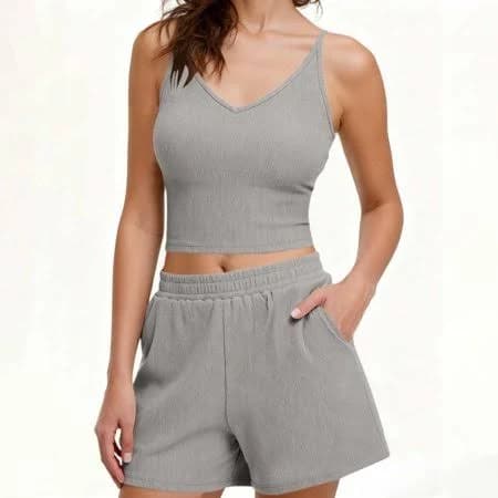 Avrnliq Women's Ribbed V-Neck Stretchy Crop Tank Top and High Waisted