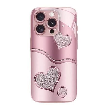 Curve Double Heart Hard Case for iPhone 16 Pro, Sparkling Heart Hard Case, Curved Double Heart Pink Tempered Glass Phone Case, for iPhone 16 Pro Max (