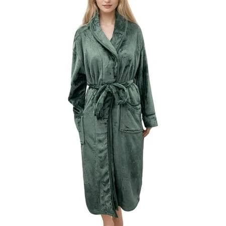 Women's Plush Fleece Shawl Collar Bathrobe with Pockets