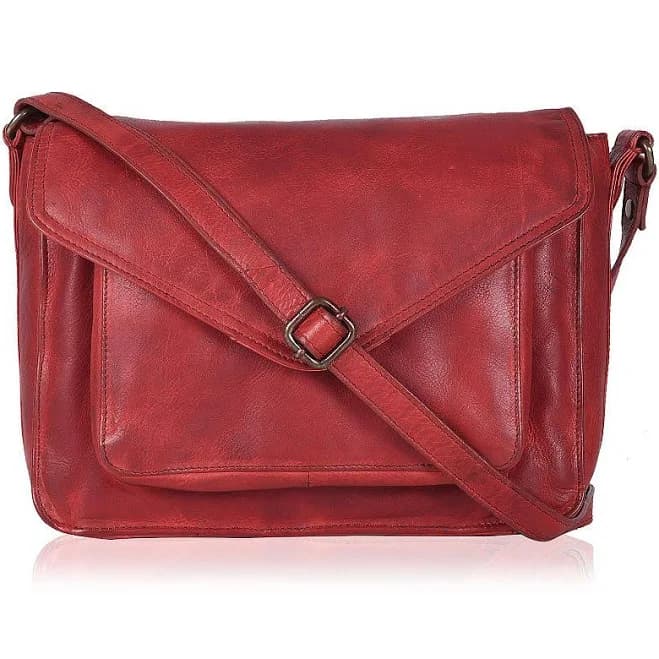 Leather Flap Crossbody Bag Adjustable Strap Snap Closure, Red