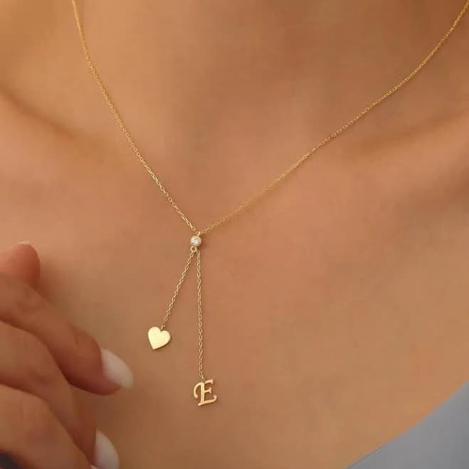 14K Gold Diamond Heart Charm Initial Necklace