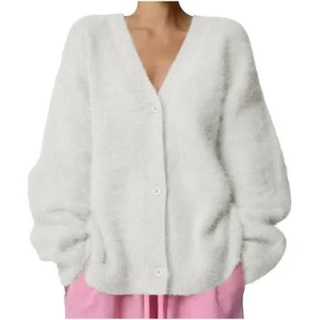 Ryrjj Womens Fuzzy Cardigan Sweater Oversized Open Front V Neck Long Sleeve Button Down Slouchy Knit Sweaters Outwear