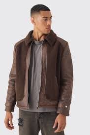 Washed PU And Borg Panel Harrington Jacket In Brown | boohooMAN AU