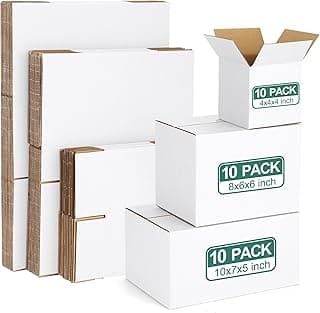 Eupako 30 Pack Small Shipping Boxes Assorted Sizes, White Corrugated Box Mailers, Cardboard Boxes for Packaging Small Business, Mailing, 4x4x4 & 8x6x6 & 10x7x5 10 PCS Each Small Boxes
