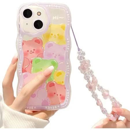Compatible for iPhone 14 Case, Cute Clear Cartoon Bear Animal with Flower Beaded Lanyard Wrist Strap for Women Girls, Soft TPU Full Protective Cover