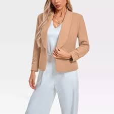 Womens Blazer 3/4 Ruched Sleeve Shawl Collar Business Work Blazers Open Front Casual Jackets with Pockets Camel L : Target