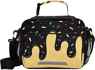 Black Ice Cream Lunch Bag for Women Men Insulated Cooler Tote Bag with Adjustable Shoulder Strap Large Capacity Picnic Lunch Box Outdoor for Adult Office