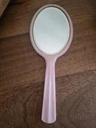 Vintage Pink Bakelite/Lucite? Vanity Mirror Hand Held Double Sided 12 1/2”