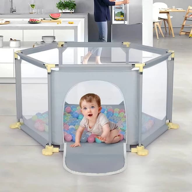 Baby Playpen, 6 Panel Playpen for Baby and Toddlers with Breathable Mesh and 30 Play Balls, Indoor Outdoor Baby Fence Kids Activ - Light grey / UNITED