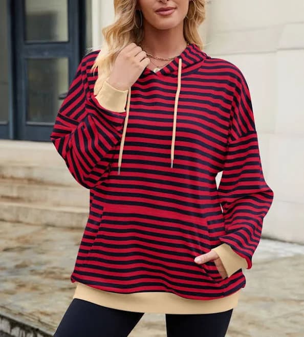 Contrast Striped Long Sleeve Hoodie with Drawstring