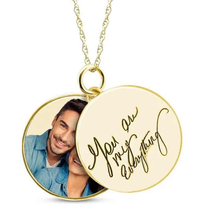 Double Round Photo & Handwritten Message Charm Swivel Necklace 10K