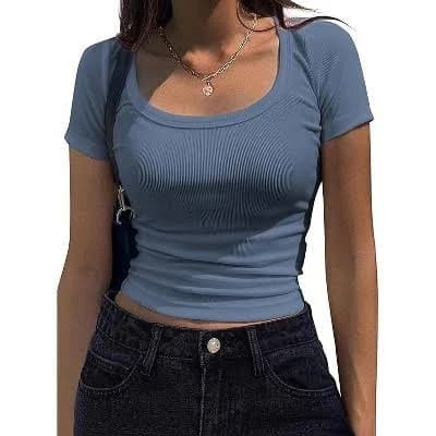 Zeagoo Women's Casual Scoop Neck Short Sleeve Rib Knit Tee