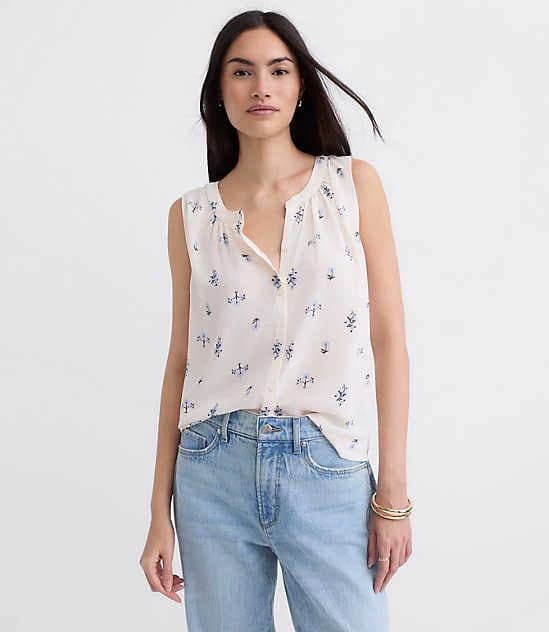 Loft Women's Floral Shirred Button Shell Top
