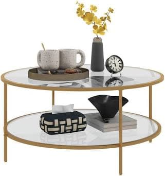 HOMCOM Round Side Table with Storage 2-Tier End Table Tempered Glass Top