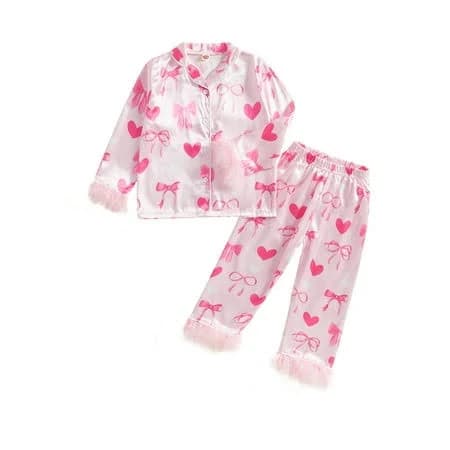 Elippeo Girl's Heart Bow Print Long Pajama Set