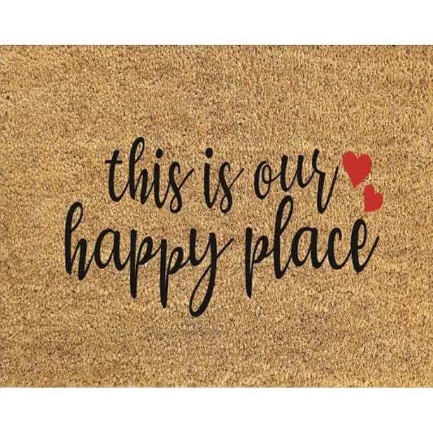 This is Our Happy Place Doormat | 18x30 Inch Natural Coir Entry Mat with Black Text | Perfect for Indoor & Outdoor Use