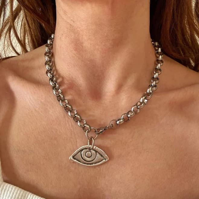 Chunky Silver Evil Eye Necklace