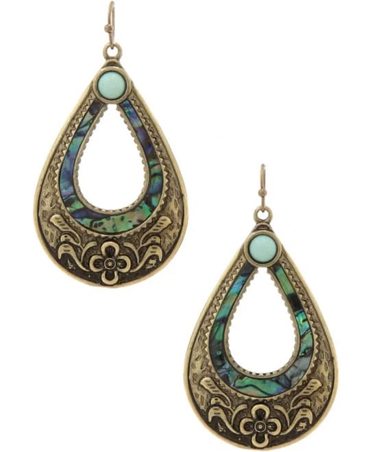 Gold-tone Faux-abalone Sea Shell Earrings Embossed Teardrop Dangle