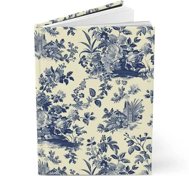 French Toile Blue Floral Journal, Blank Hardcover Notebook, Matte Cover, Vintage Aesthetic, Mother's Day Gift, Birthday Gift, Gift for Her