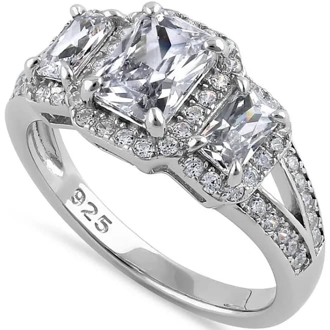 Sterling Silver 3-Stone Halo CZ Ring