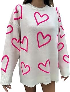 Oversized Heart Pattern Sweater, Cream White with Hot Pink Hearts, Long Sleeve Knit Pullover, Casual Loose Fit