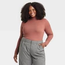 A New Day Women's Large Rust Long Sleeve Turtleneck Slim Fit Cozy T-Shirt Ribbed